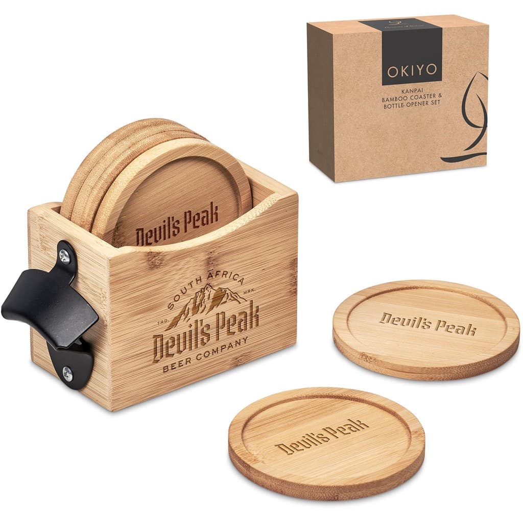Okiyo Kanpai Bamboo Coaster & Bottle Opener Set 20