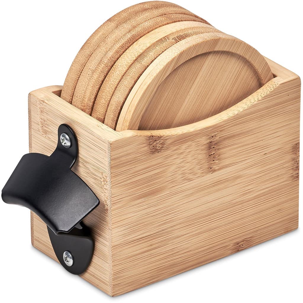 Okiyo Kanpai Bamboo Coaster & Bottle Opener Set 4