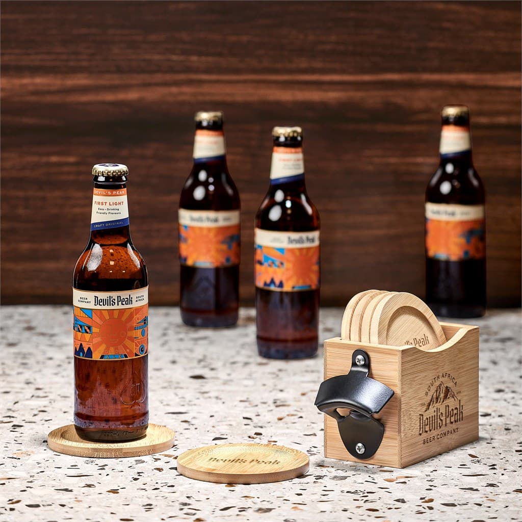 Okiyo Kanpai Bamboo Coaster & Bottle Opener Set 4