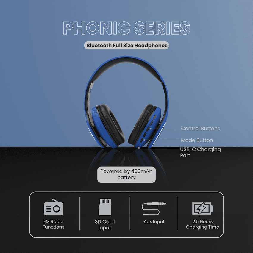 Volkano Phonic Series Bluetooth Full Size Headphones 7