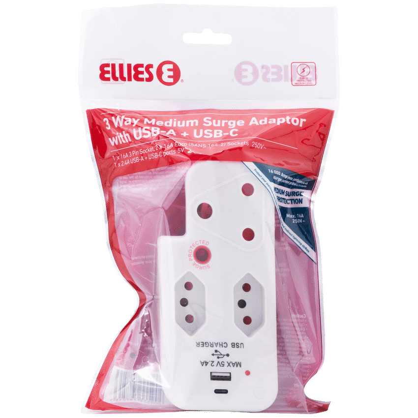 Ellies 3 Way Medium Surge Adaptor with Type C + USB - White 5