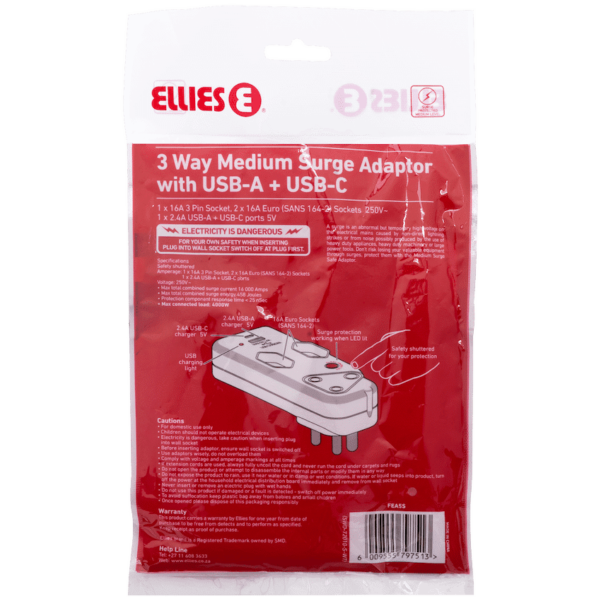 Ellies 3 Way Medium Surge Adaptor with Type C + USB - White 6