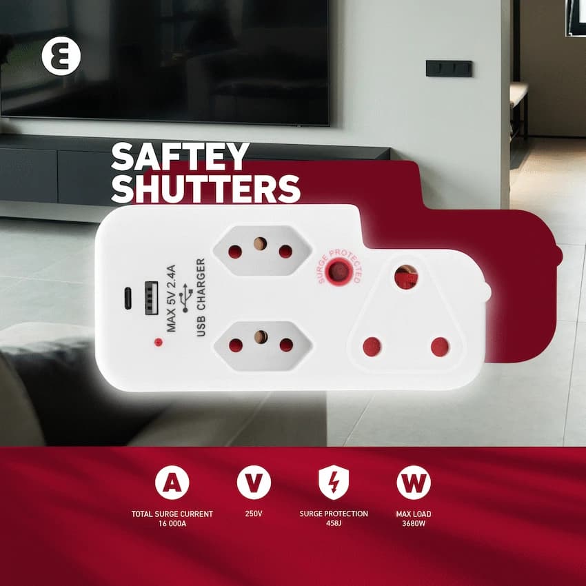 Ellies 3 Way Medium Surge Adaptor with Type C + USB - White 11