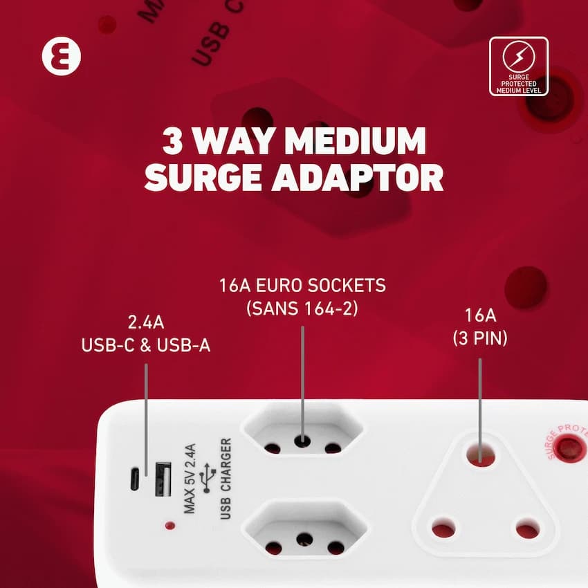 Ellies 3 Way Medium Surge Adaptor with Type C + USB - White 12