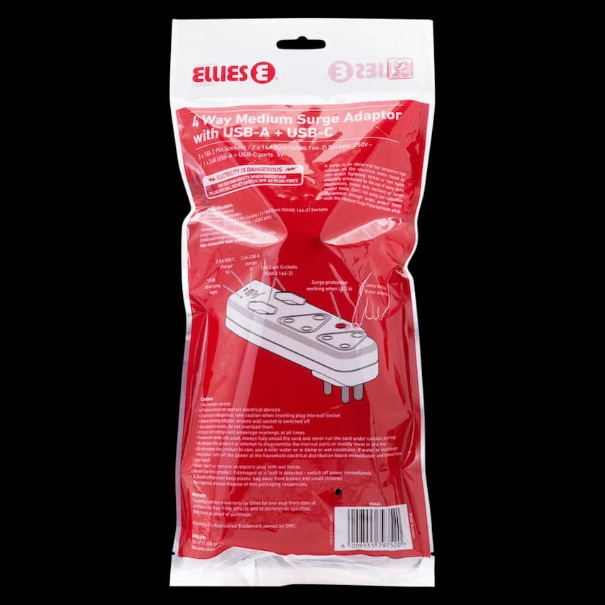 Ellies  4 Way Medium Surge adaptor with type C + USB 6