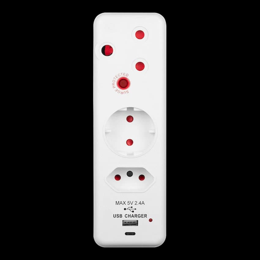Ellies  3 Way Medium Surge adaptor Schuko,with type C + USB 2