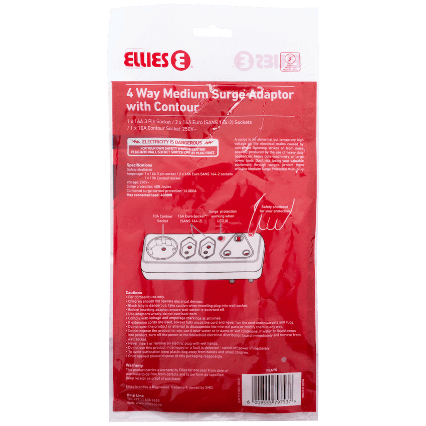 Ellies 4-Way Medium Surge Adaptor with Schuko - White 4