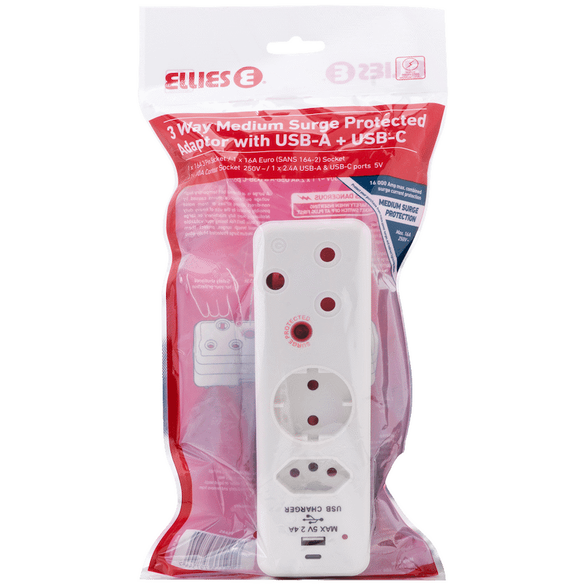 Ellies  3 Way Medium Surge adaptor Schuko,with type C + USB 5