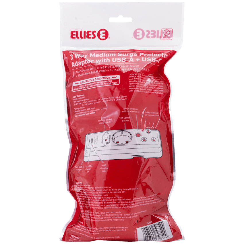 Ellies  3 Way Medium Surge adaptor Schuko,with type C + USB 6