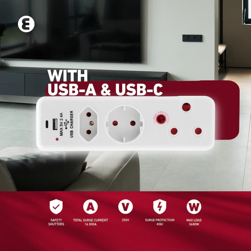 Ellies  3 Way Medium Surge adaptor Schuko,with type C + USB 11