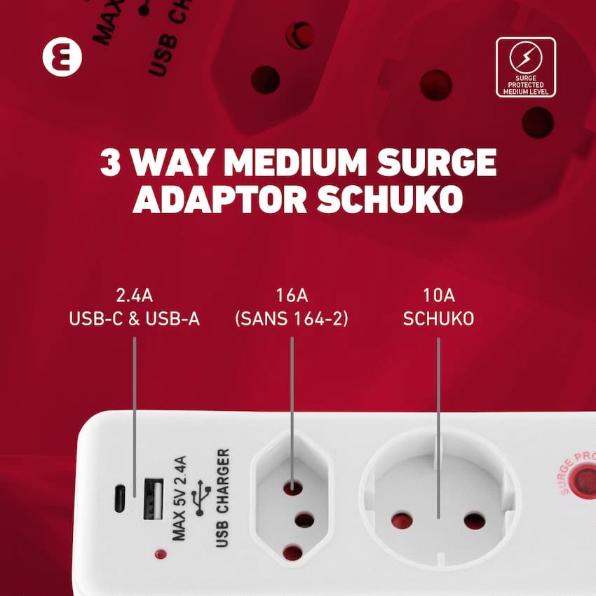 Ellies  3 Way Medium Surge adaptor Schuko,with type C + USB 12