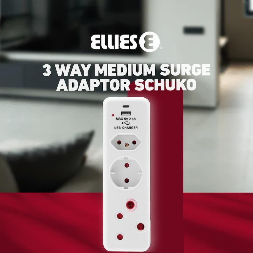 Ellies  3 Way Medium Surge adaptor Schuko,with type C + USB 9