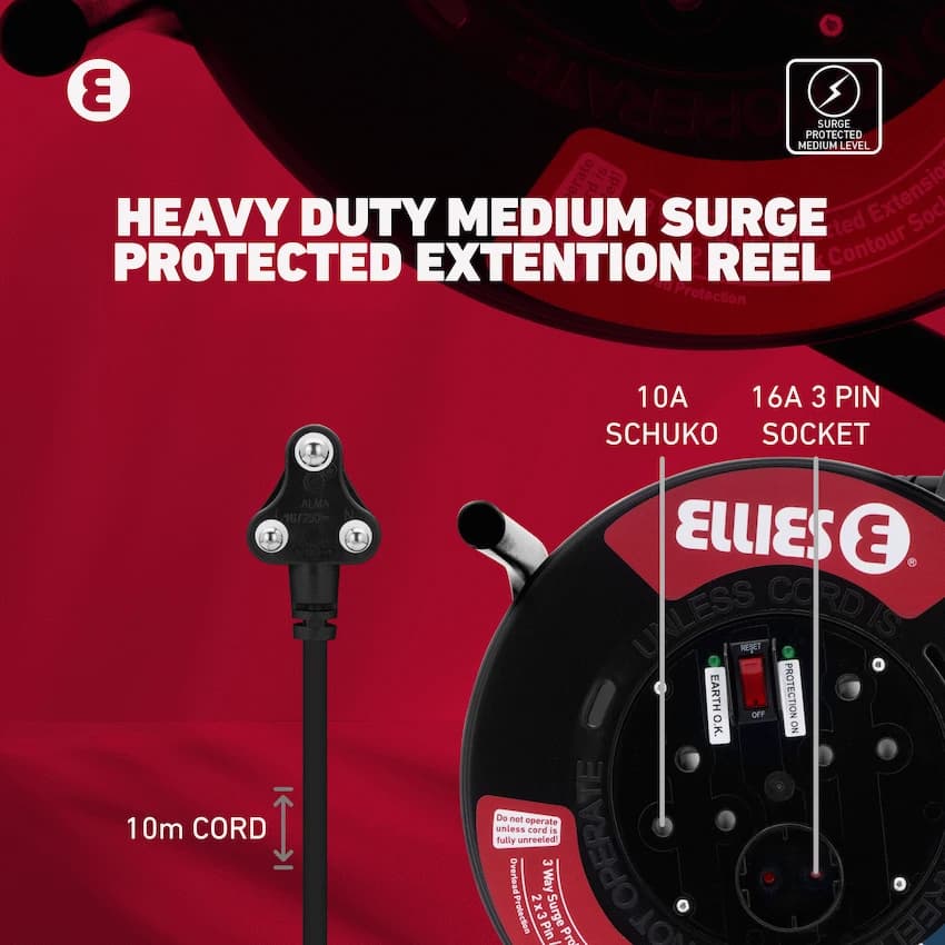 Ellies Heavy Duty Medium Surge Protected Extension Reel 10m - Black 10