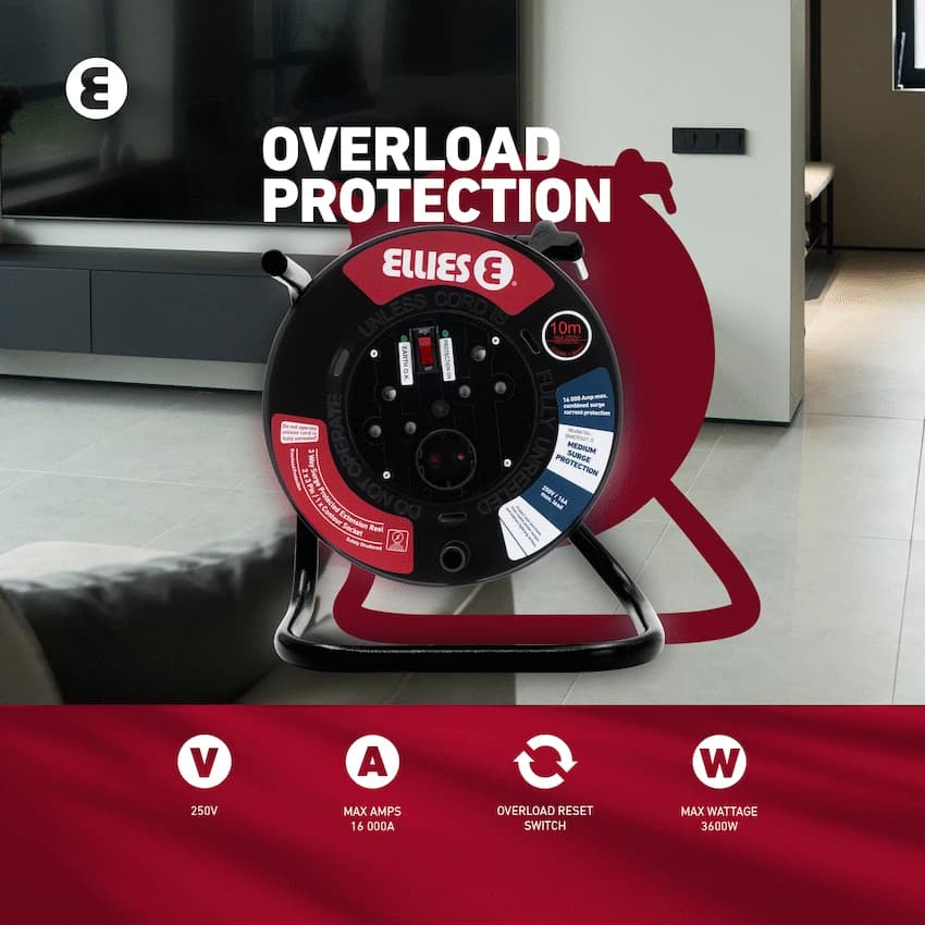 Ellies Heavy Duty Medium Surge Protected Extension Reel 10m - Black 9