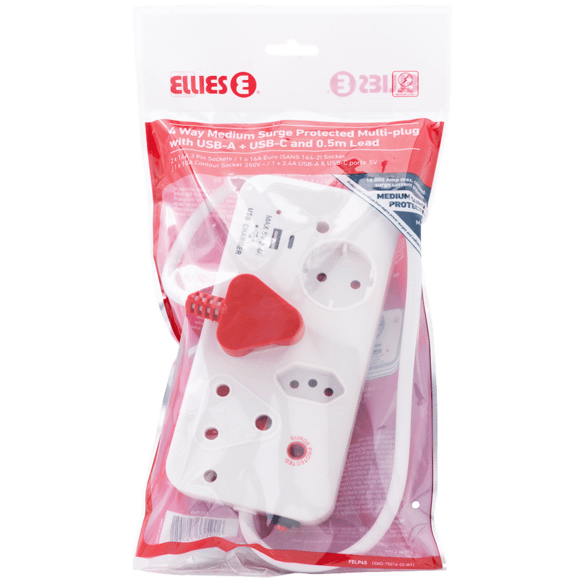 Ellies 4-Way Medium Surge Multiplug with USB-A+USB-C 0.5m 6