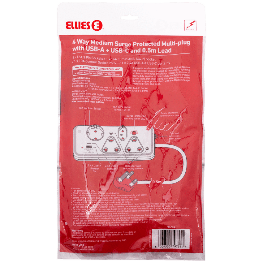 Ellies 4-Way Medium Surge Multiplug with USB-A+USB-C 0.5m 7