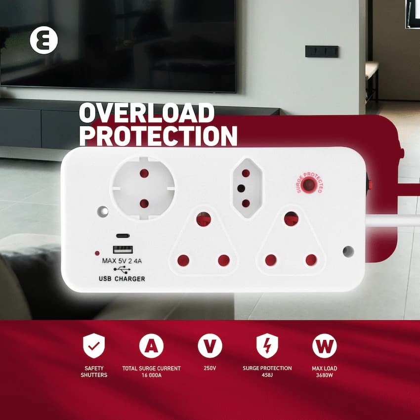 Ellies 4-Way Medium Surge Multiplug with USB-A+USB-C 0.5m 11