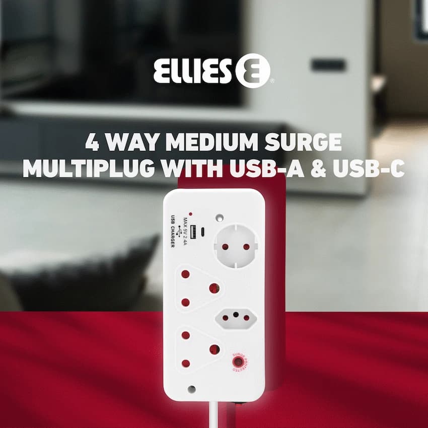 Ellies 4-Way Medium Surge Multiplug with USB-A+USB-C 0.5m 9