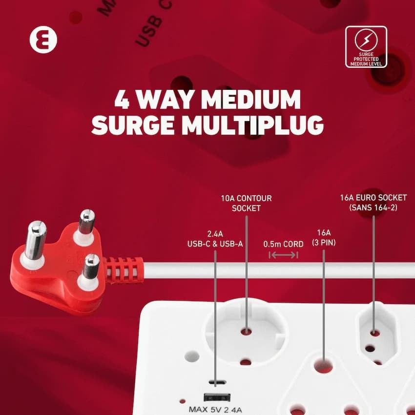 Ellies 4-Way Medium Surge Multiplug with USB-A+USB-C 0.5m 12