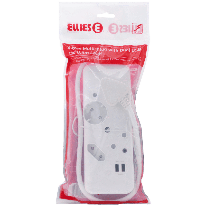 Ellies 4-Way Multiplug - 2 x USB 2.4a - 0.4m 3