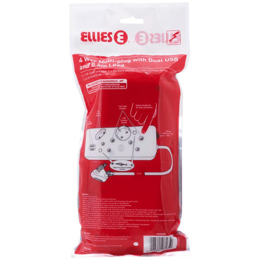Ellies 4-Way Multiplug - 2 x USB 2.4a - 0.4m 4