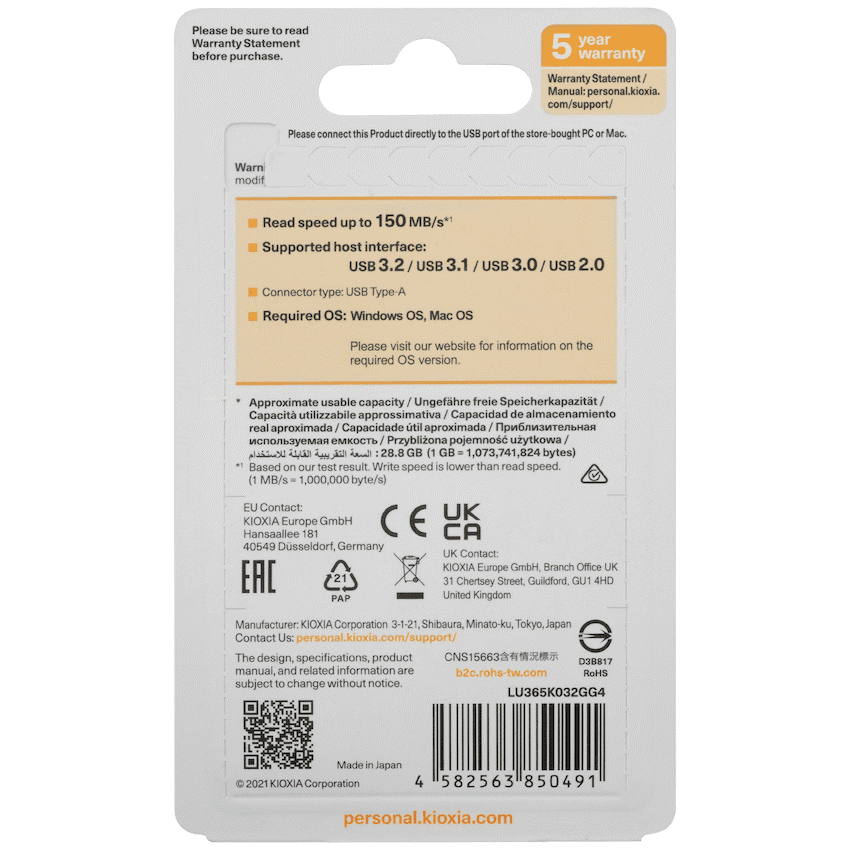 Kioxia U365 - 32gb USB 3.2 Yamabiko Slider Type 6