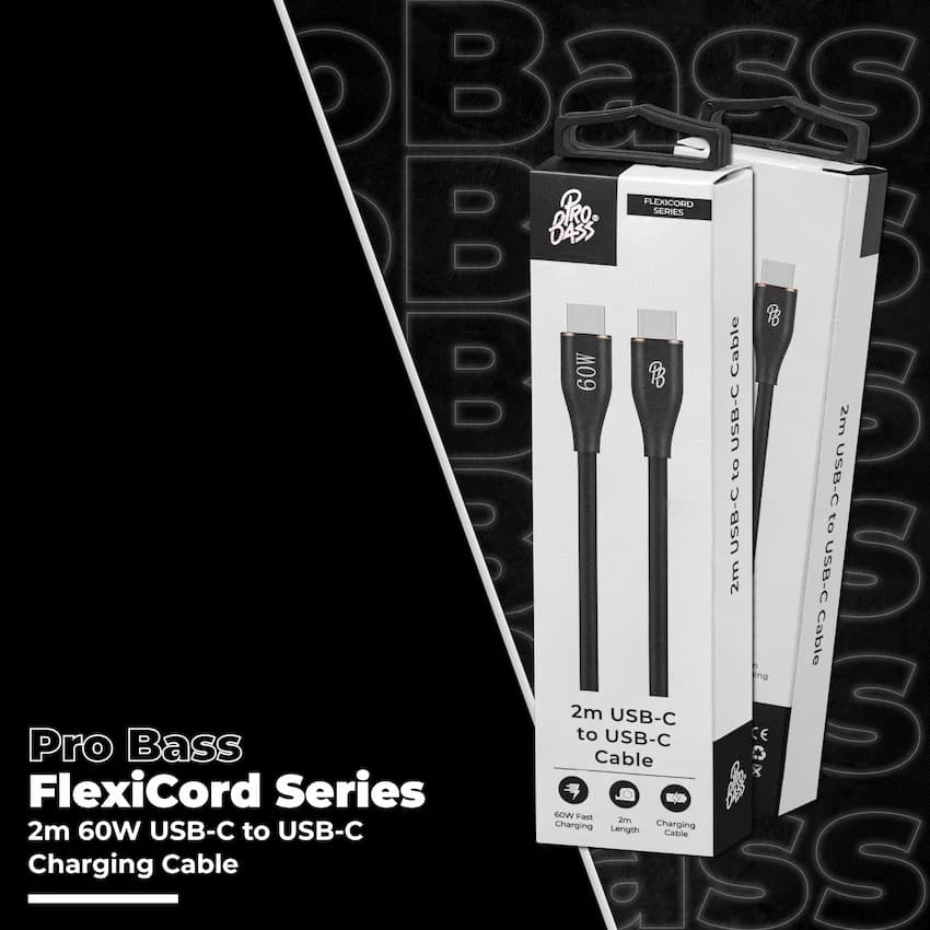 Pro Bass FlexiCord Series 2m 60w Type-C to Type-C Charging Cable - Black 6
