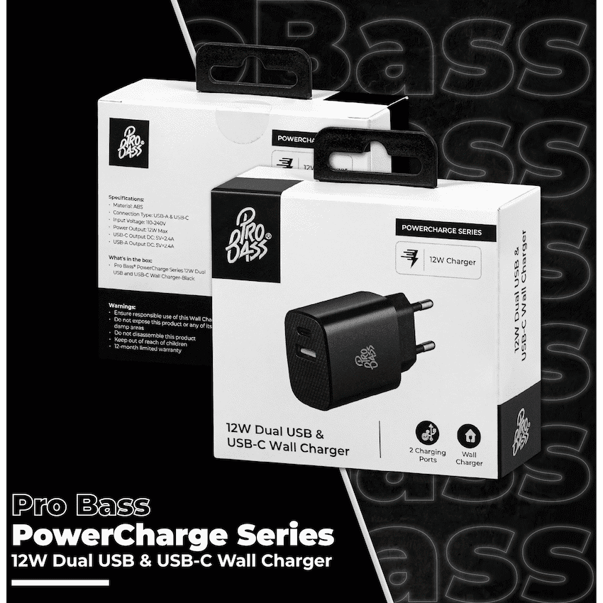 Pro Bass PowerCharge Series 12w Dual USB and Type-C Wall Charger - Black 3