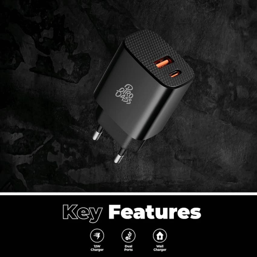 Pro Bass PowerCharge Series 12w Dual USB and Type-C Wall Charger - Black 6