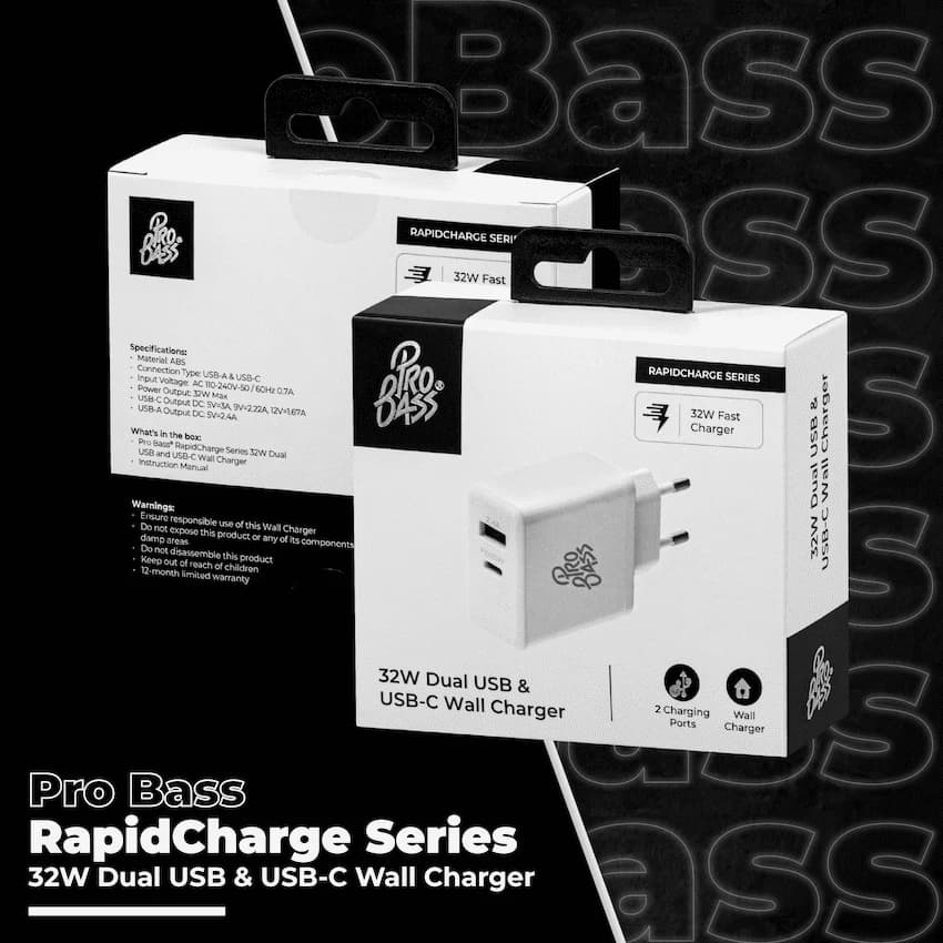 Pro Bass RapidCharge Series 32w Dual USB and Type-C Wall Charger 6