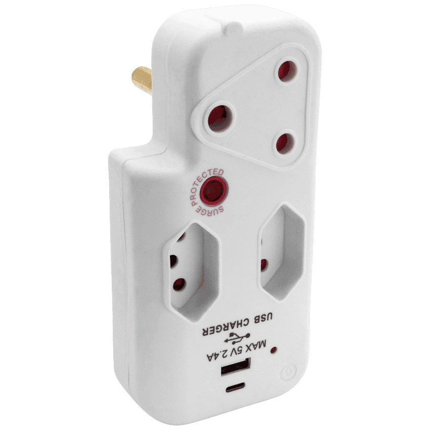 Switched 3-Way Medium Surge Adaptor with Type-C + USB - White 1