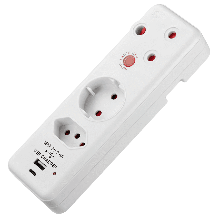 Switched 3-Way Medium Surge Adaptor - Schuko with Type-C + USB 3