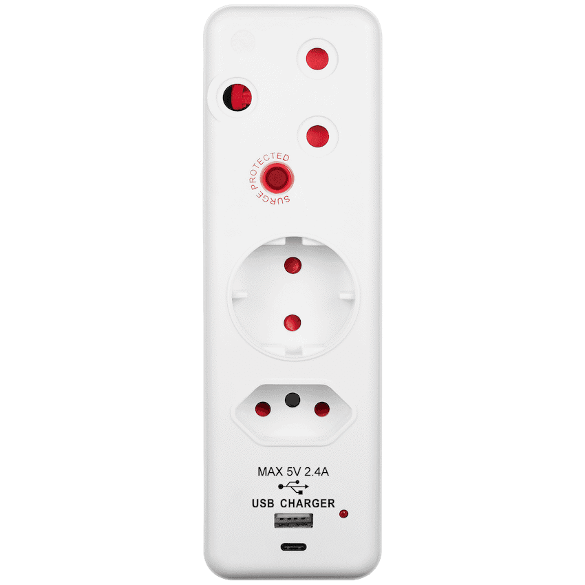 Switched 3-Way Medium Surge Adaptor - Schuko with Type-C + USB 2