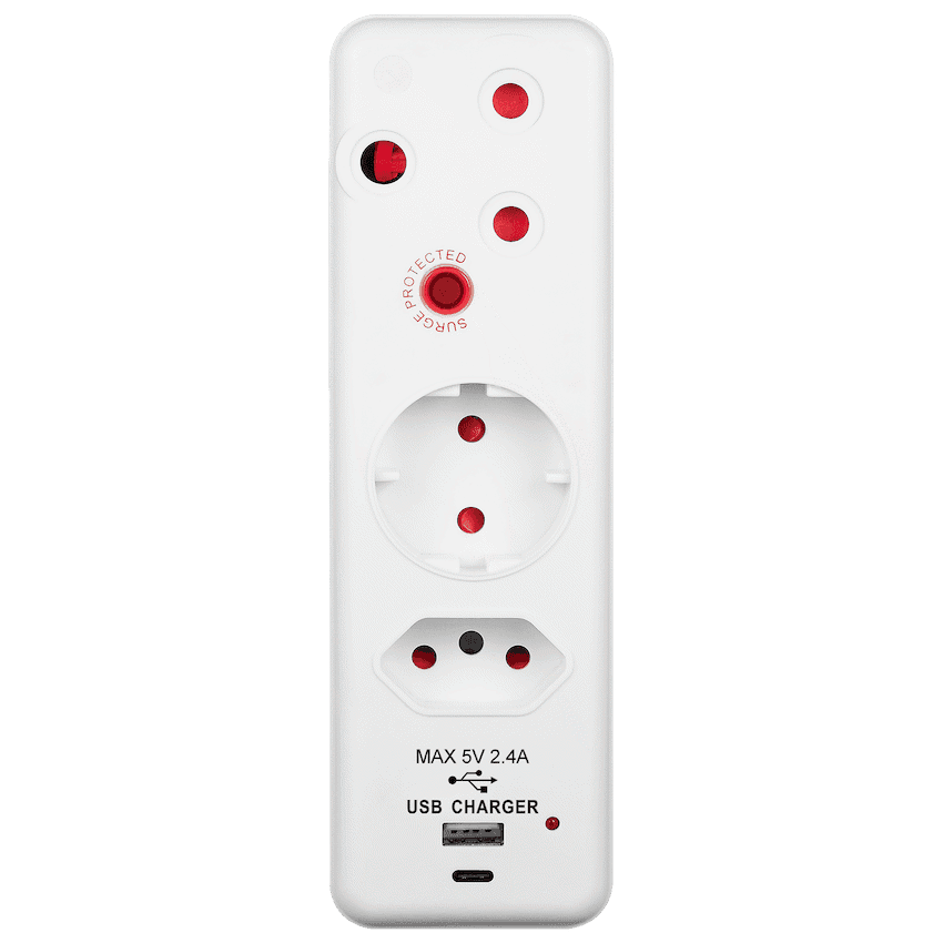 Switched 3-Way Medium Surge Adaptor - Schuko with Type-C + USB 6