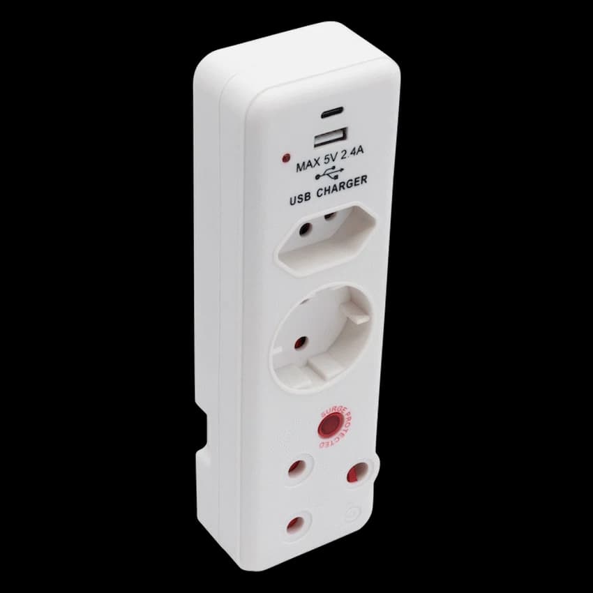 Switched 3-Way Medium Surge Adaptor - Schuko with Type-C + USB 8