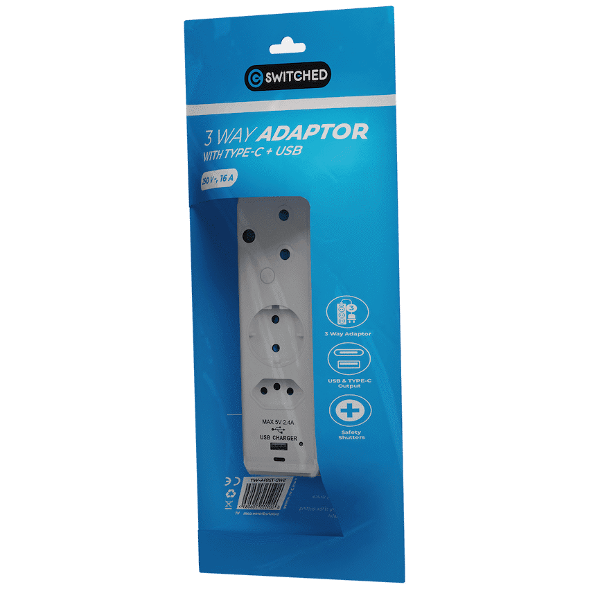 Switched 3-Way Schuko Adaptor with Type C + USB 5