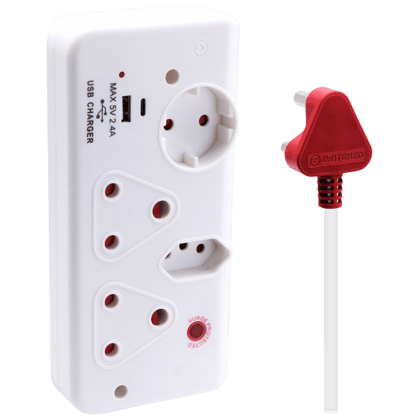 Switched 4-Way with 1x Type-C + 1x USB 2.4a Socket Medium Surge-Protected 0.5m 1