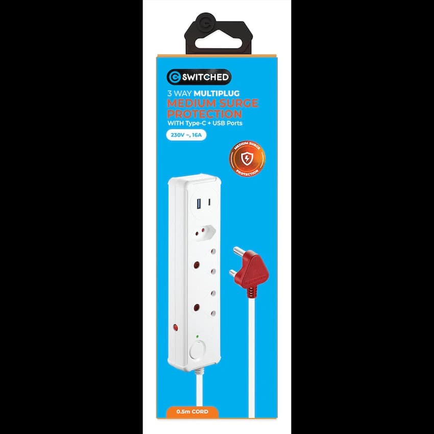 Switched 3-Way Medium Surge-Protected Multiplug with 1x Type-C + 3.4a USB Ports - 0.5m - White 6
