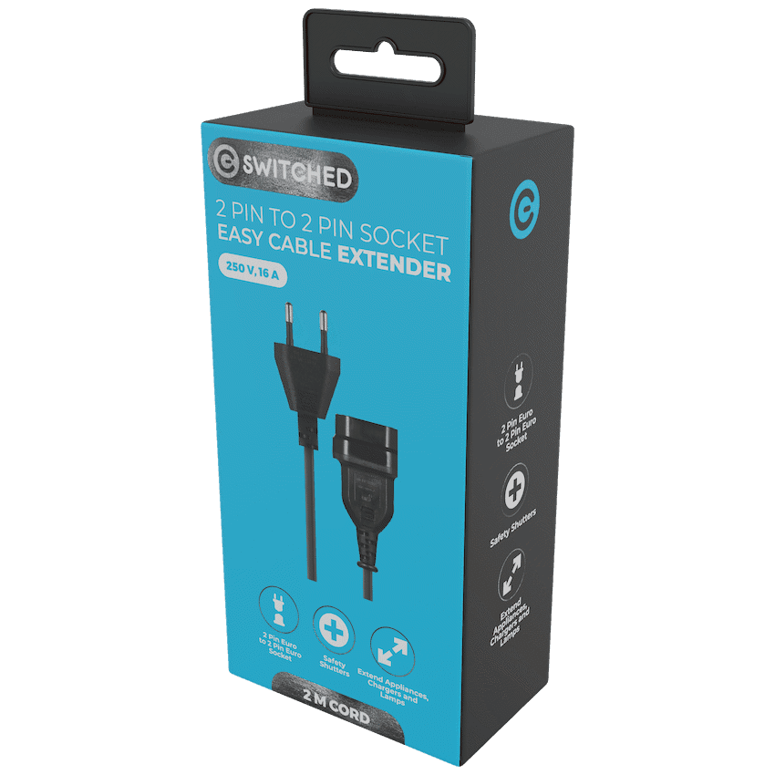 Switched Easy Cable Extender 2-Pin Euro to 2-Pin Euro Socket 2m 2
