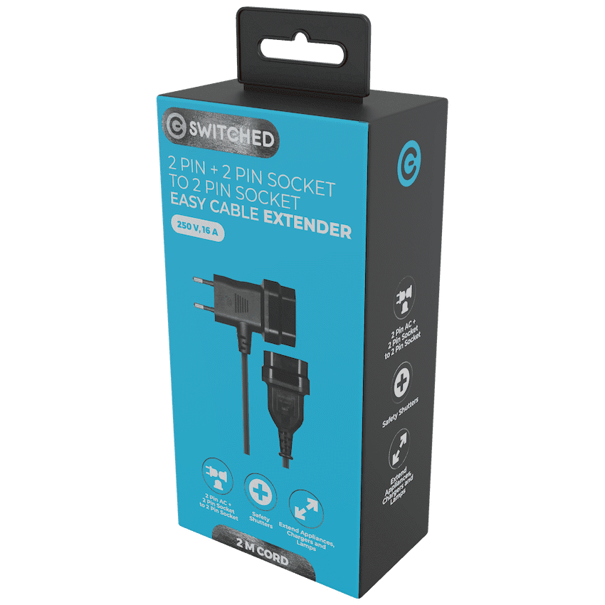 Switched Easy Cable Extender 2-Pin Euro to T-Shape AC 2-Pin Euro Socket 2m - Black 2