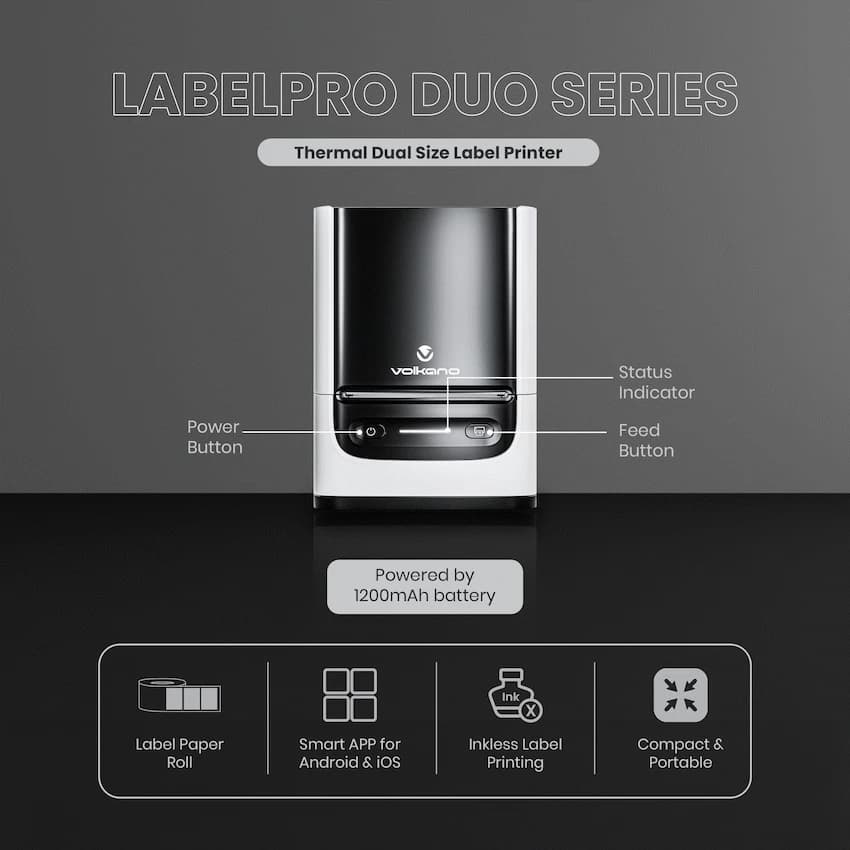 Volkano LabelPro Duo Series Thermal Dual Size Label Printer - Black and White 9