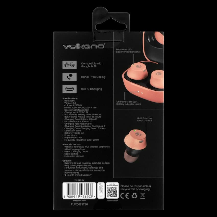Volkano Taurus Series 2.0 True Wireless Earphones with Charging Case - Pink 9