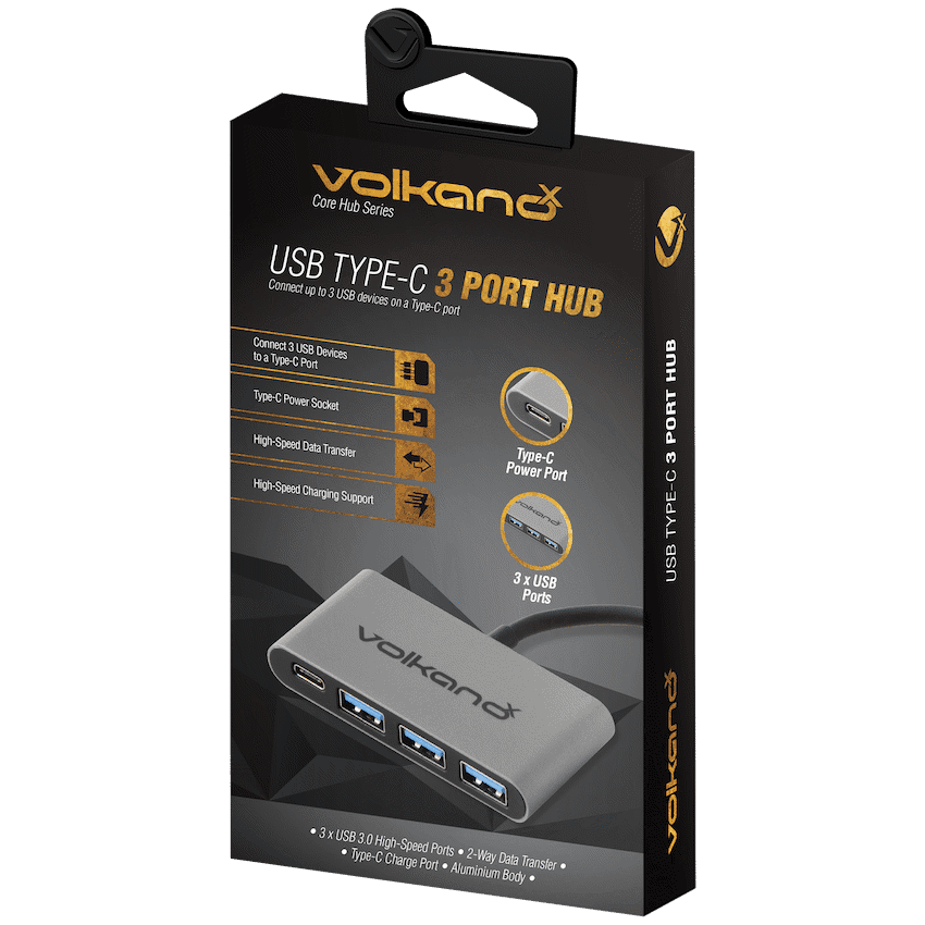 VolkanoX Core Hub series USB Type C to 3x USB 3.0 plus Power - 10cm - Charcoal 2