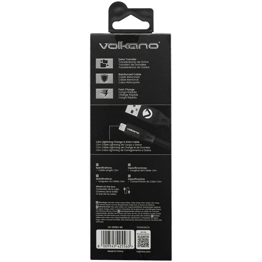 Volkano Slim Series Flat PVC Lightning Cable 1.2m - Black 2