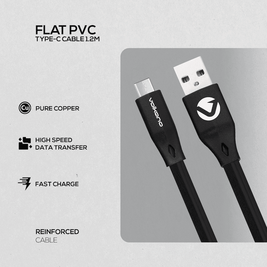 Volkano Slim Series Flat PVC Type-C Cable 1.2m - Black 3