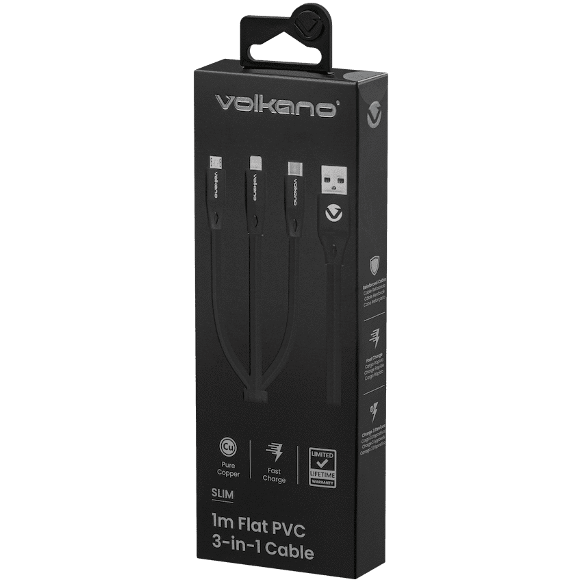 Volkano Slim Series Flat PVC 3-in-1 (Type-C / Lightning / Micro) Cable 1m - Black 3