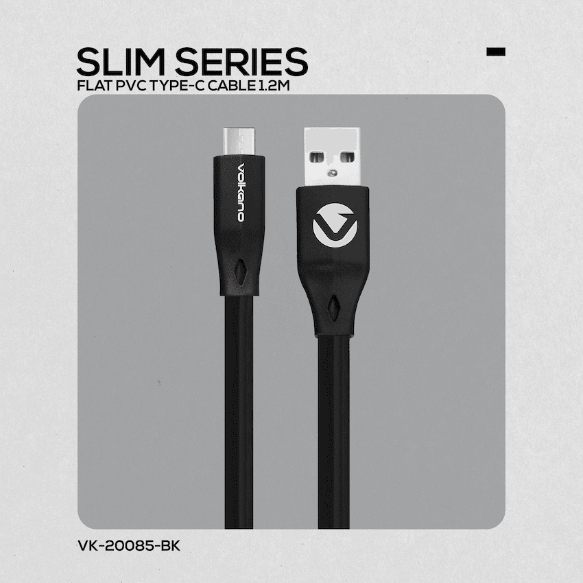 Volkano Slim Series Flat PVC Type-C Cable 1.2m - Black 6