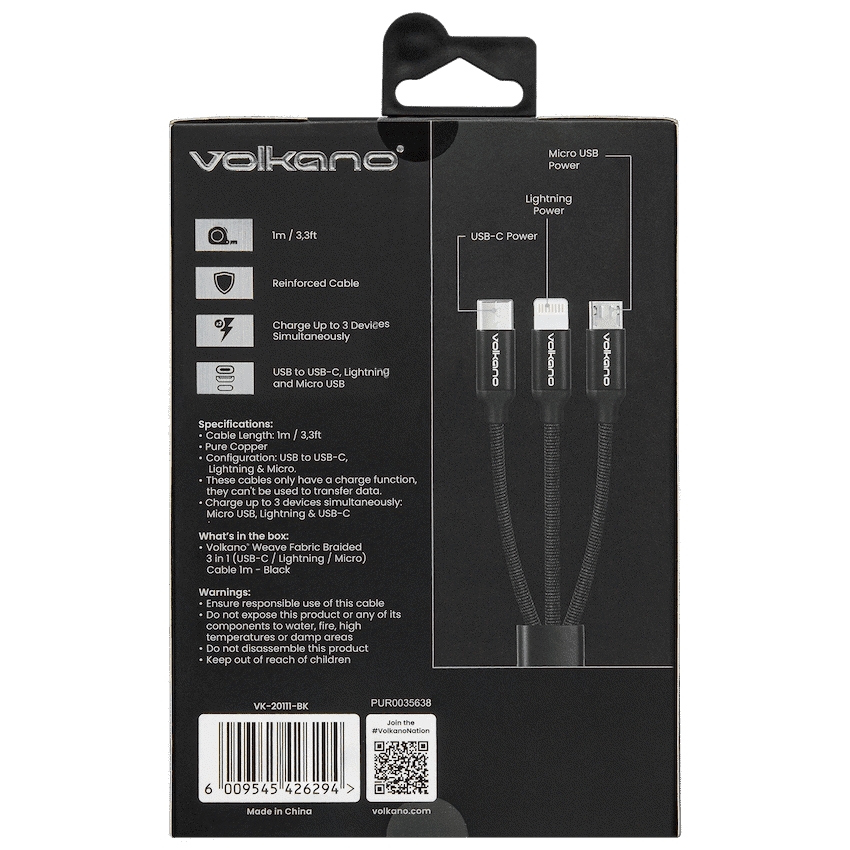Volkano Weave Series Fabric Braided 3-in-1 (Type-C/Lightning/Micro) Cable 1m - Black 3