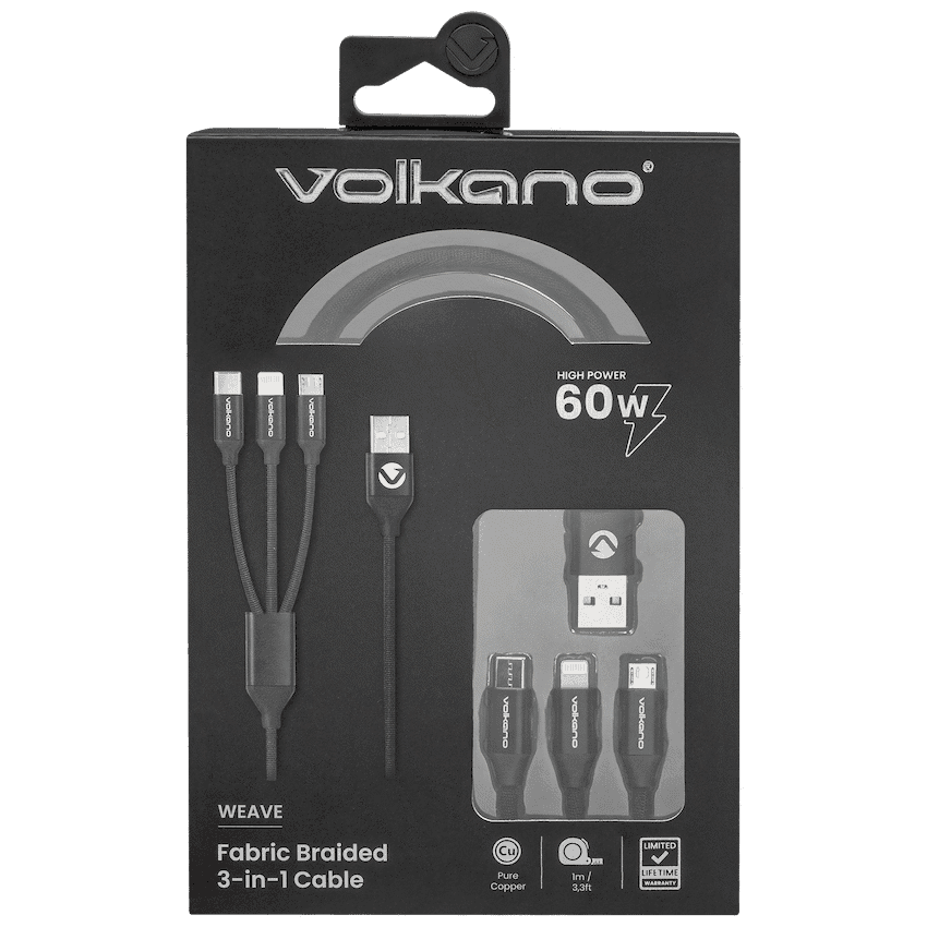 Volkano Weave Series Fabric Braided 3-in-1 (Type-C/Lightning/Micro) Cable 1m - Black 2