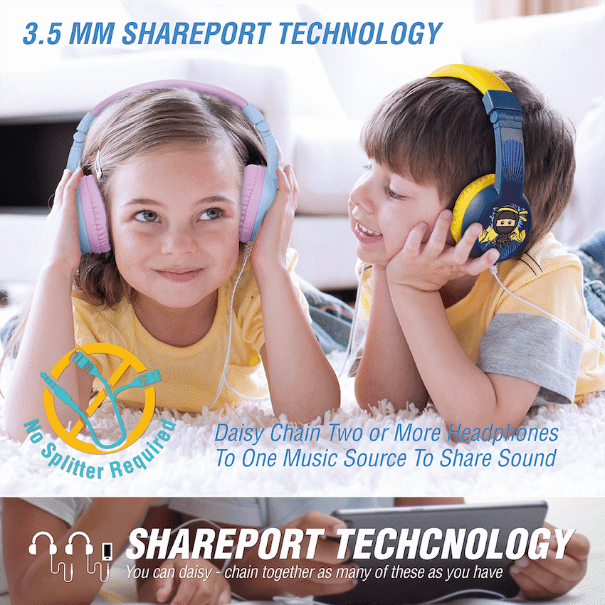 Volkano Sidekick Series Wired Kiddies Headphones with Share Port - Yellow/Blue 6